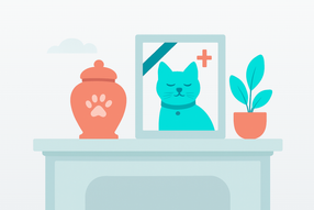 Die Tierurne einer verstorbenen Katze auf dem Kaminsims