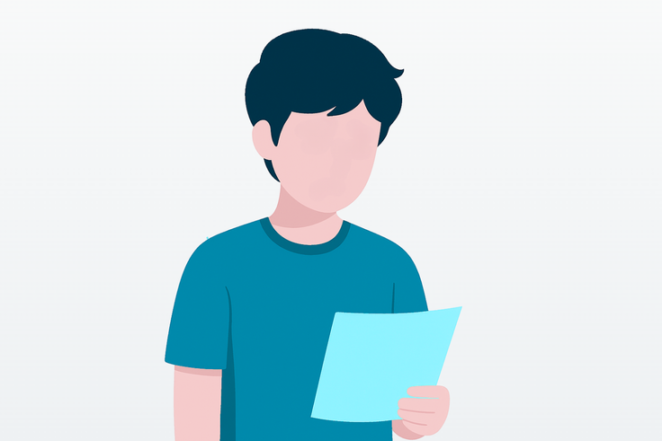 Ein junger Mann blickt erstaunt auf die hohe Bestattungsrechnung.